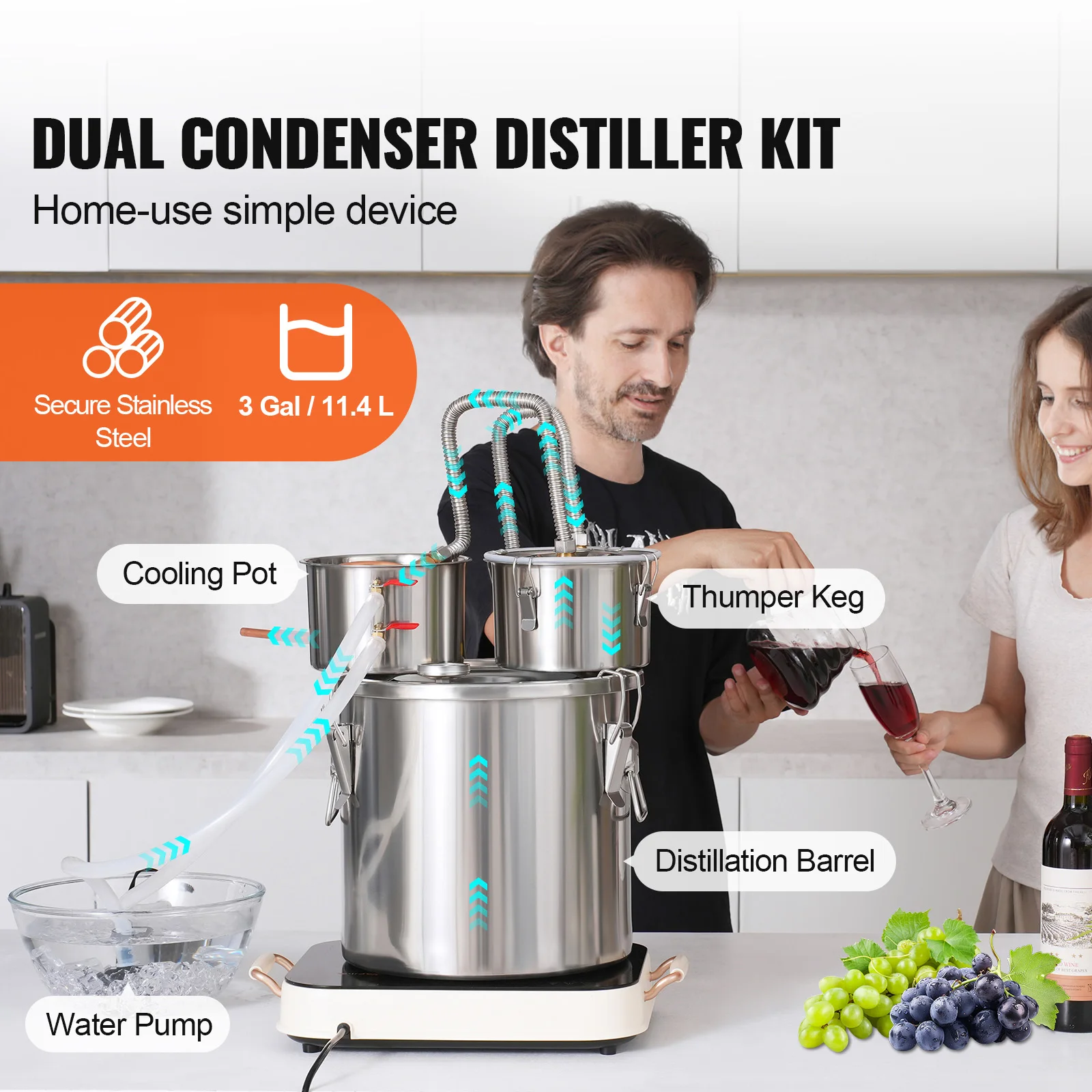 SucceBuy الكحول لا يزال 3 5 8 جالون الفولاذ المقاوم للصدأ المياه الكحول المقطر ث/ملف النحاس لتبريد المزدوج مكثف المقطر عدة #4