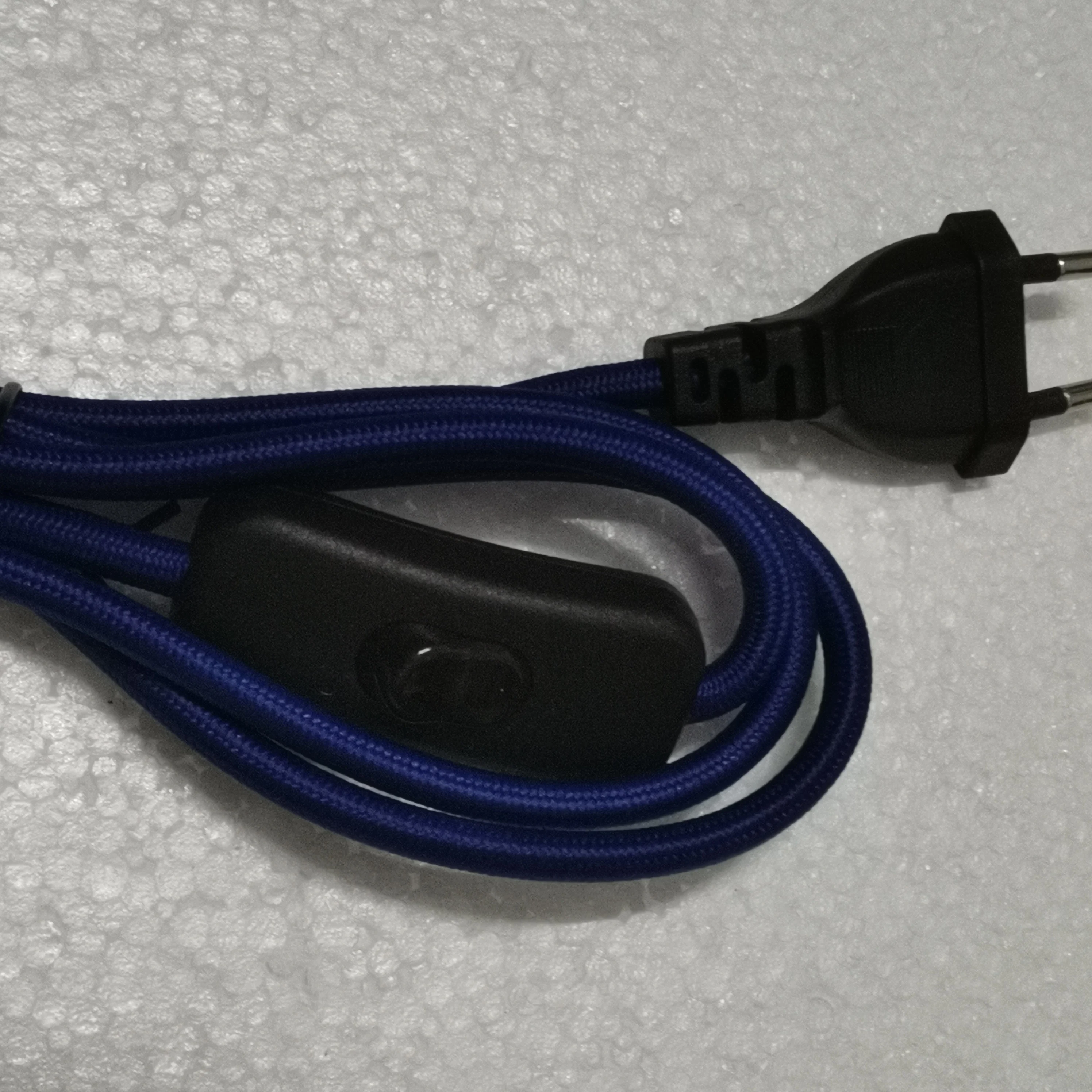 220V AC Power Cord With European Plug Inline Switch Textile Braided Covered Wire Cable 2 Meters