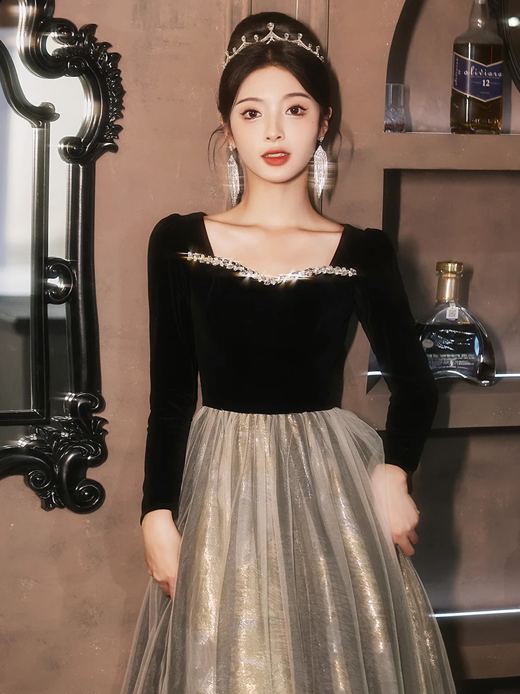 

Элегантное вечернее платье Ele Bla с длинным рукавом для женщин, роскошное корейское платье-миди Slim Fit для торжественных мероприятий