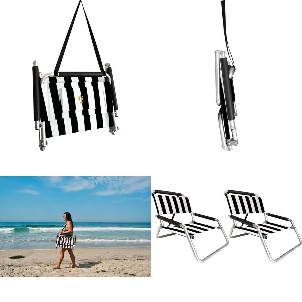 

Компактные складные шезлонги для пляжа - портативные кресла для отдыха на природе, в парках, кемпинге и приключениях - набор из 2 штук, черно-белые полосы
