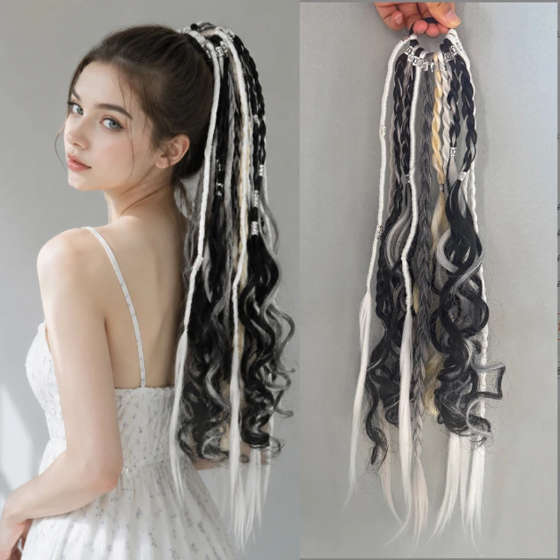 Women Synthetic Dreadlocks Ponytail Hair Extensions Black White Grey Mix Braided Curly Pony Tail Elastic Band Festival Rave Part