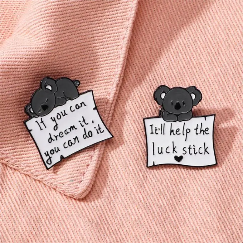 Cute Cartoon Koala Enamel Brooch Creative English Letter Luck Short Sentence Lapel Pin Badge Backpack Clothing Hat Accessories