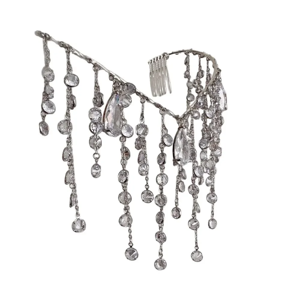 Opaska do włosów z frędzlami z cyrkonii dla kobiet - błyszczący dodatek ślubny do włosów z kaskadowym wzorem, styl księżniczki