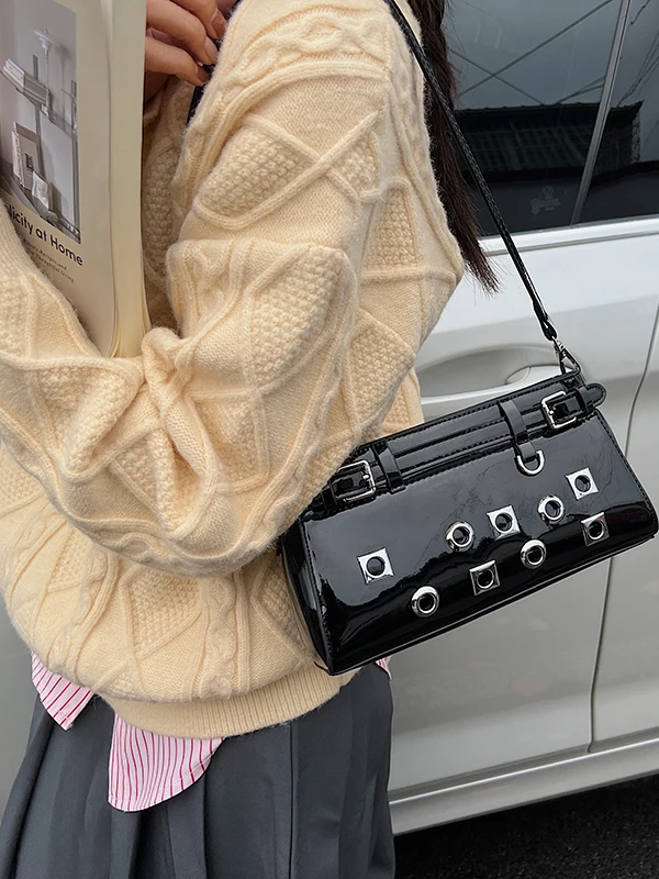 American Retro Motorcycle Women Bag Patent Leather Glossy Metal Rivet Decoration Single Shoulder Crossbody Bag For Women Trendy