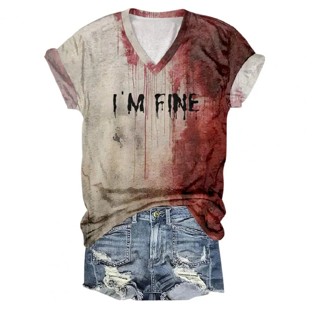 Camiseta elástica con estampado de letras de sangre de Halloween para mujer, camiseta de manga larga con cuello en V, Jersey holgado, Tops para fiesta de Festival