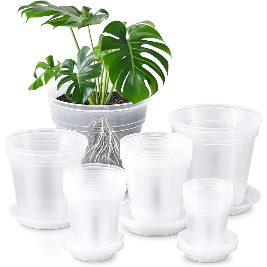 

24 Sets 4 5 6 7 8 9 Inch Clear Nursery Pots with Saucer Pack Variety Plastic Clear Plant Pots with Tray Drainage Hole for Indoo