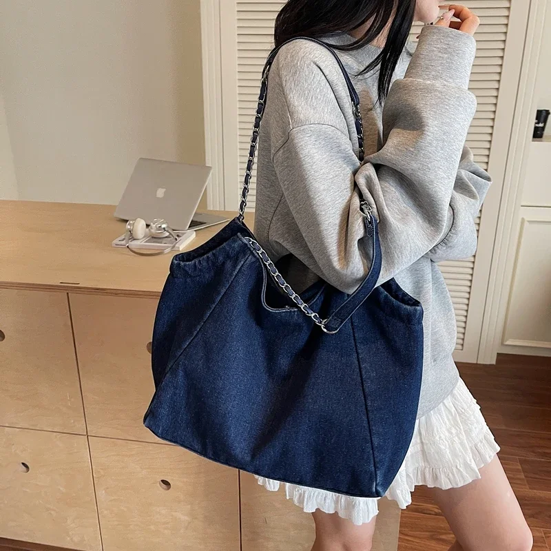 

Large Capacity Denim Women's Bag Vintage Shoulder Bag Shopper Messenger Bag Y2K Eco Bag Korean Tote Bag Jean Handbag Chains Hobo