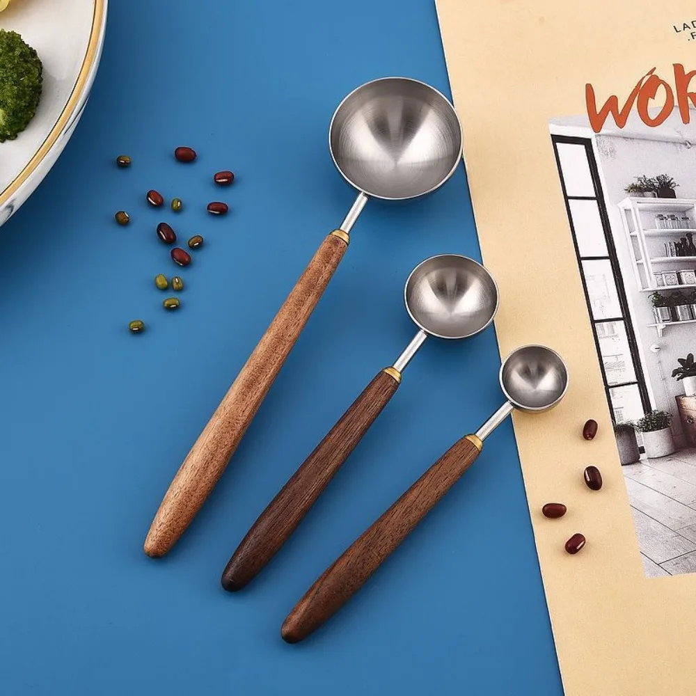 

304 Stainless Steel Coffee Bean Measuring Spoons Walnut Handle Long Handle Coffee Powder Measuring Spoon 3/8/23ML Coffee Scoop