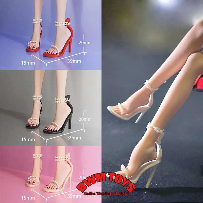 Handgefertigte mehrfarbige 1/6-Skala-Schuhe für weibliche Soldaten, modische Perlenkette, High Heels, Schuhe für 12-Zoll-Actionfiguren-Puppen