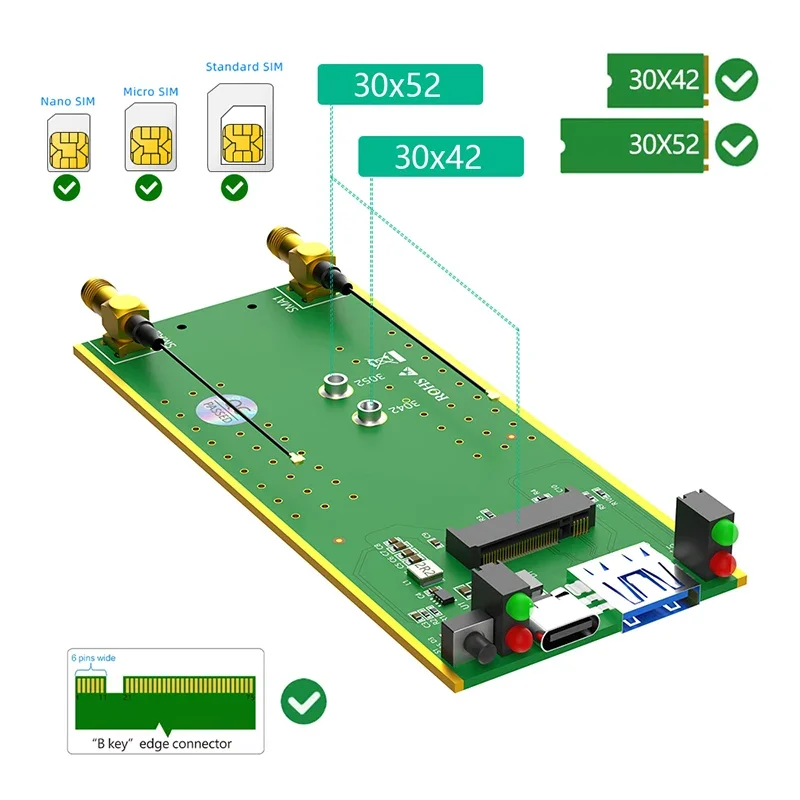 Адаптер M.2 NGFF Key B — USB 3.0 со слотом для SIM-карты M2 — USB Wi-Fi Dongle Дополнительный источник питания Поддержка модуля Wi-Fi 3G/4G/5G