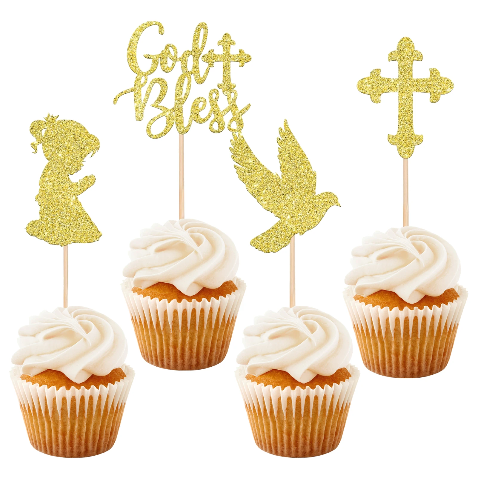 24 PCS God Bless Cupcake Toppers Glitter Jesus Religious Cross Cupcake Picks First Holy Communion Cupcake Birthday  Decoration