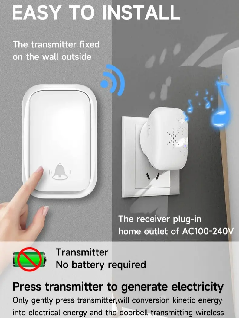 Keine Batterie, wasserdichte Türklingel, RF433, Heimrufgerät, ferngesteuerte, selbsterzeugende kinetische drahtlose Türklingel mit hohem Volumen – Detail 2