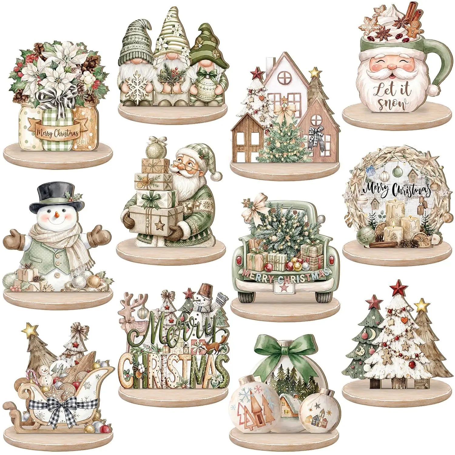12Pcs Christmas Tiered Tray Decor Wooden Santa Snowman Gnomes Wreath Table Centerpiece Farmhouse Home Kitchen Bar Shelf Indoor