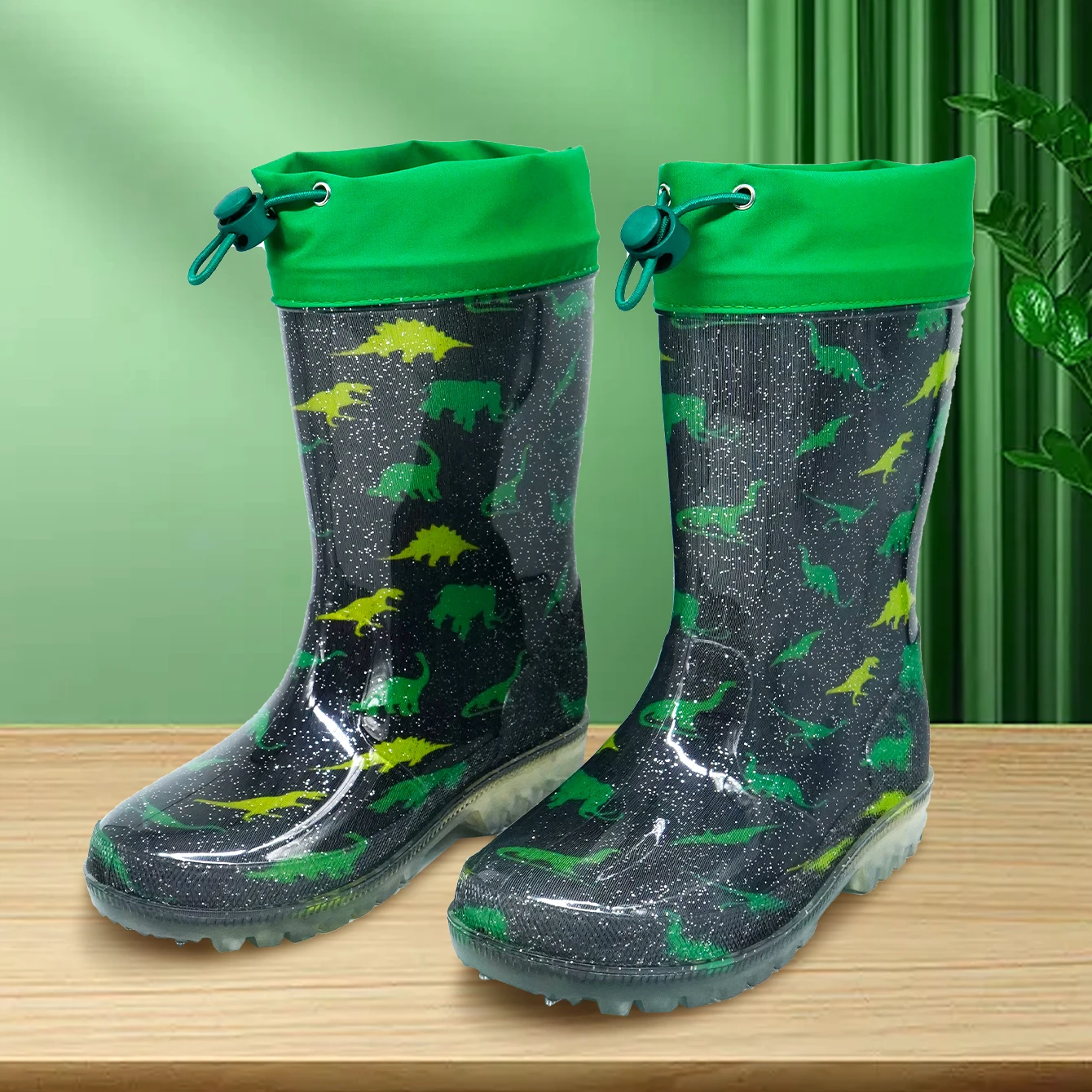 Dziecięce buty przeciwdeszczowe Outdoor Dinosaur Glitter Jelly z zapięciem na sznurek - Wodoodporne, antypoślizgowe buty do wody - Odporne na zużycie