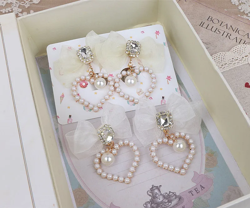 Pendientes de accesorios Lolita de estilo veraniego con Clips para sin perforación, pendientes hechos a mano con lazo suave, agujas de plata Larme Kei