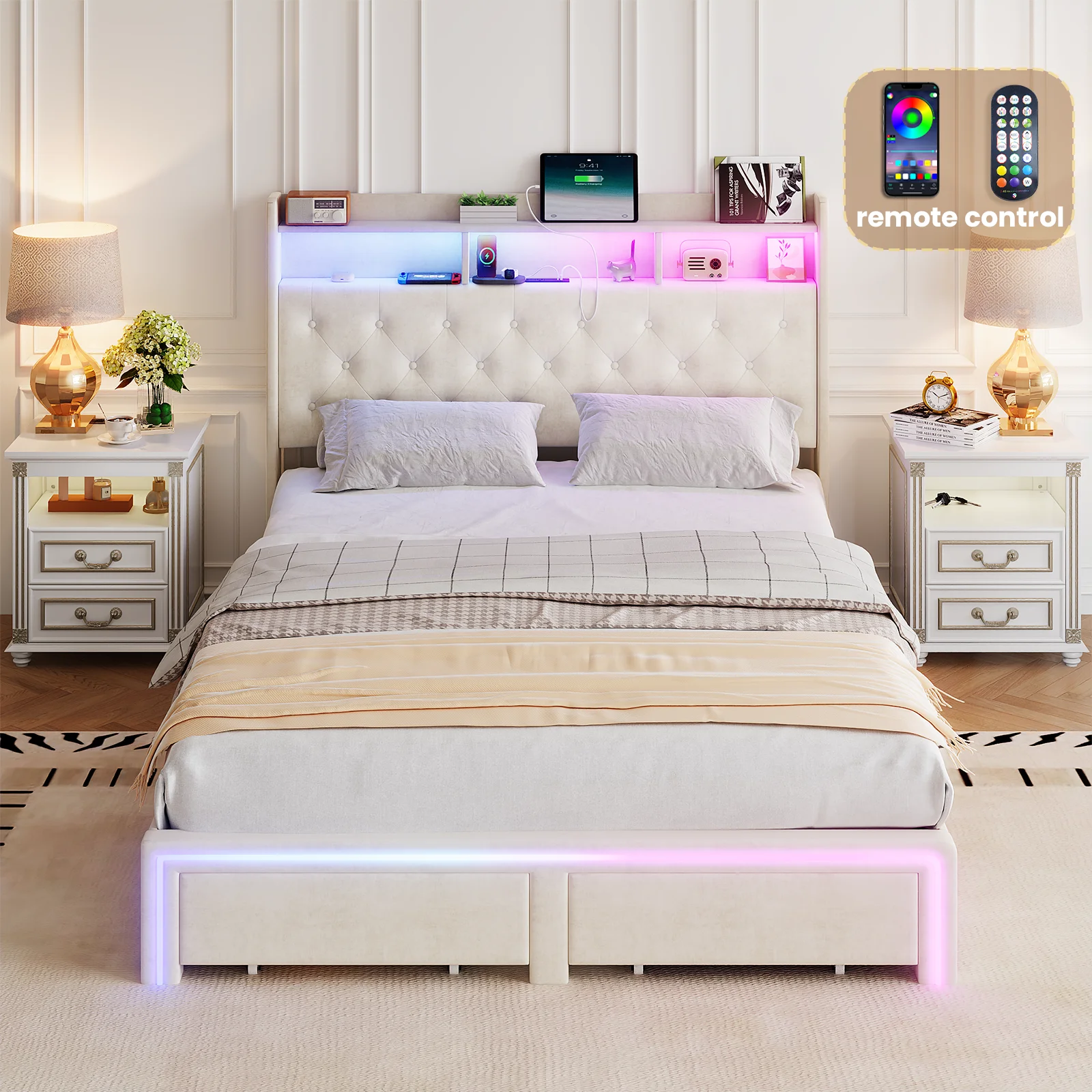 Queen LED Bed Frame With 4 Hidden Storage Compartments,Velvet Platform Bed With 2 Storage,3-In-1 Power Combo & Fast Charging