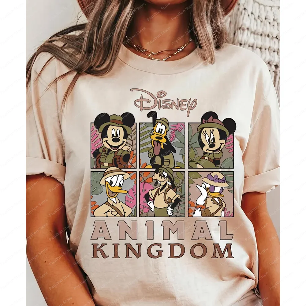 

Disney Animal Kingdom Mickey Travel Friend Wild Minnie Print T-Shirt Women's Loose Plus Size Cotton Crew Neck T-Shirt Top