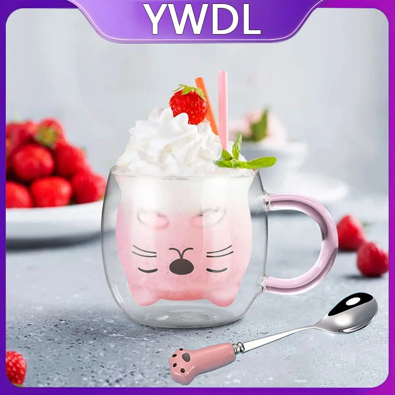 

1/2pcs Cartoon Cat Bear Double Wall Glass Cup With Spoon Clear Mugs For Espresso Coffee Milk Heat-resistant Taecup Juice Handle