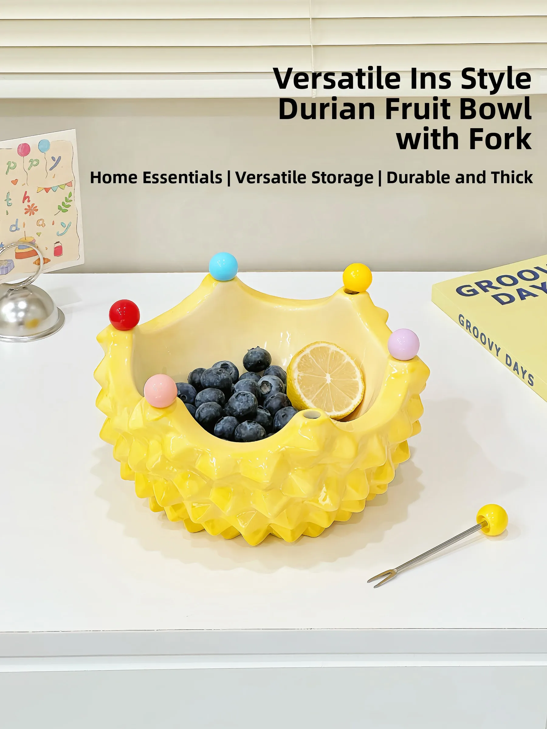 

Creative Stainl Steel Fruit Fork Set for Living Room Coffee Table Durian Fruit Di Salad Bowl High Aesthetic Value