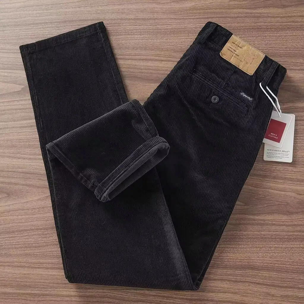 Mens Spring Fall Corduroy Casual Trousers Tapered Straight Leg Slim Fit Plain Color Ribbed Utility Pants