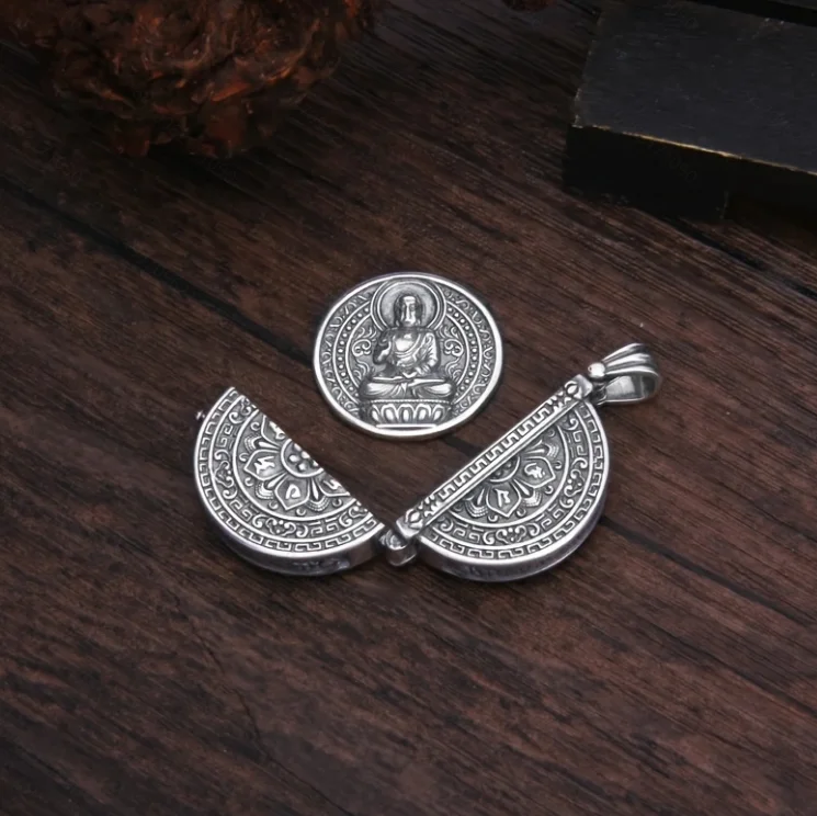 Retro Silver Color Small Buckle Hidden Round Card Lotus Pendant Necklace for Men\'s Good Lucky Jewelry Accessories Gift