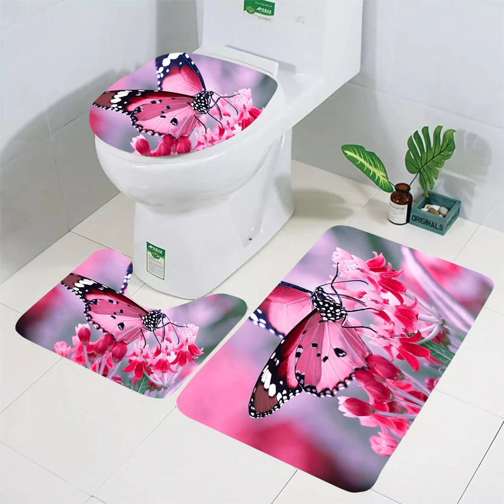 CLOOCL Toilet Mat Set Pretty Floral Rose Butterfly 3D Printed Floor Rugs Bath Rug Bathroom Shower Carpet Toilet Cushion 40x60cm