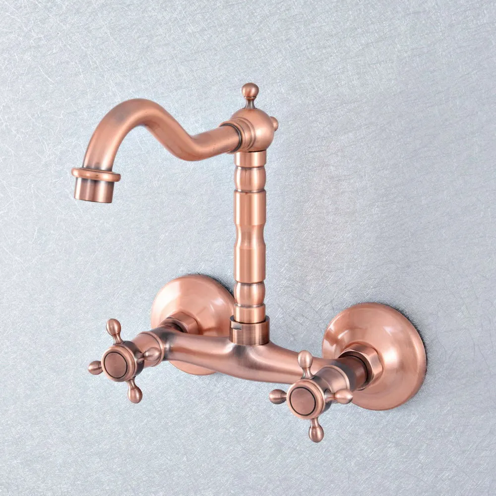 

Antique Red Copper Brass Wall Mounted Kitchen Wet Bar Bathroom Sink Faucet Swivel Spout Mixer Tap Dual Cross Handles asf868