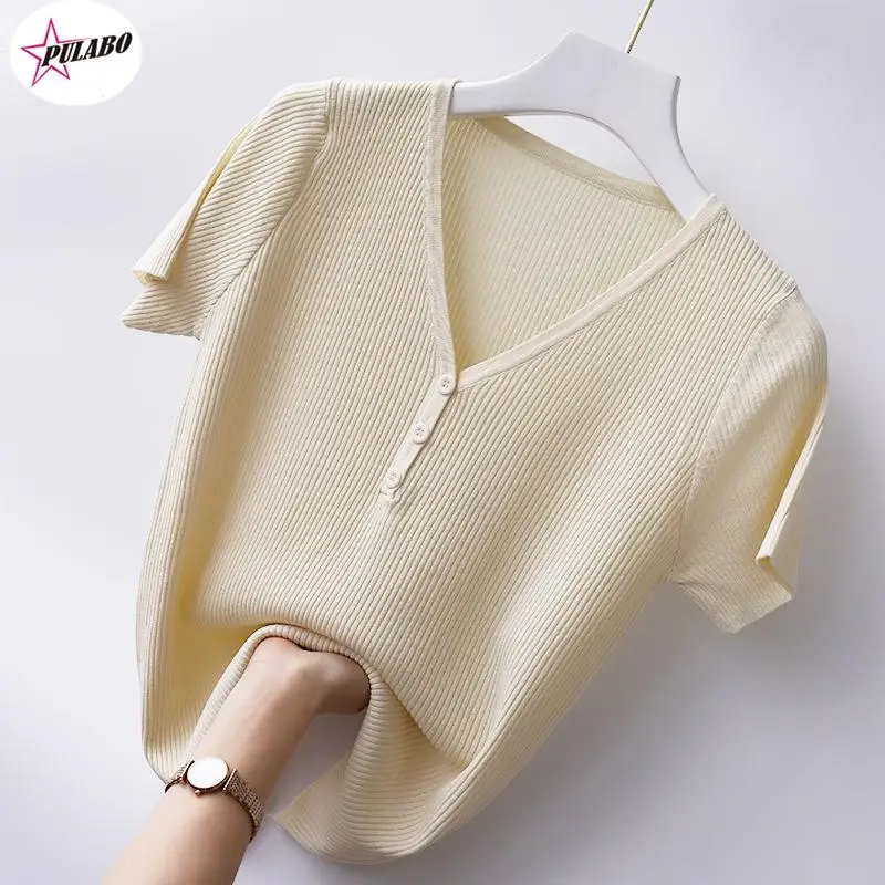 PULABO Knitted Short Sleeve T-shirt for Women's Summer Outer Bottoming Tops y2k V-neck Solid Button Slim Knit Sweater Tees y2k