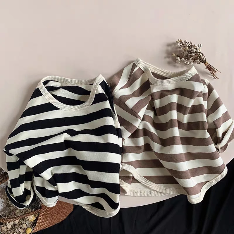 Fashion Striped Children Long Sleeve T-shirt Tops Loose Kids Autumn Clothing Base Shirt Crewneck Pullover Girl Blouse Sweatshirt