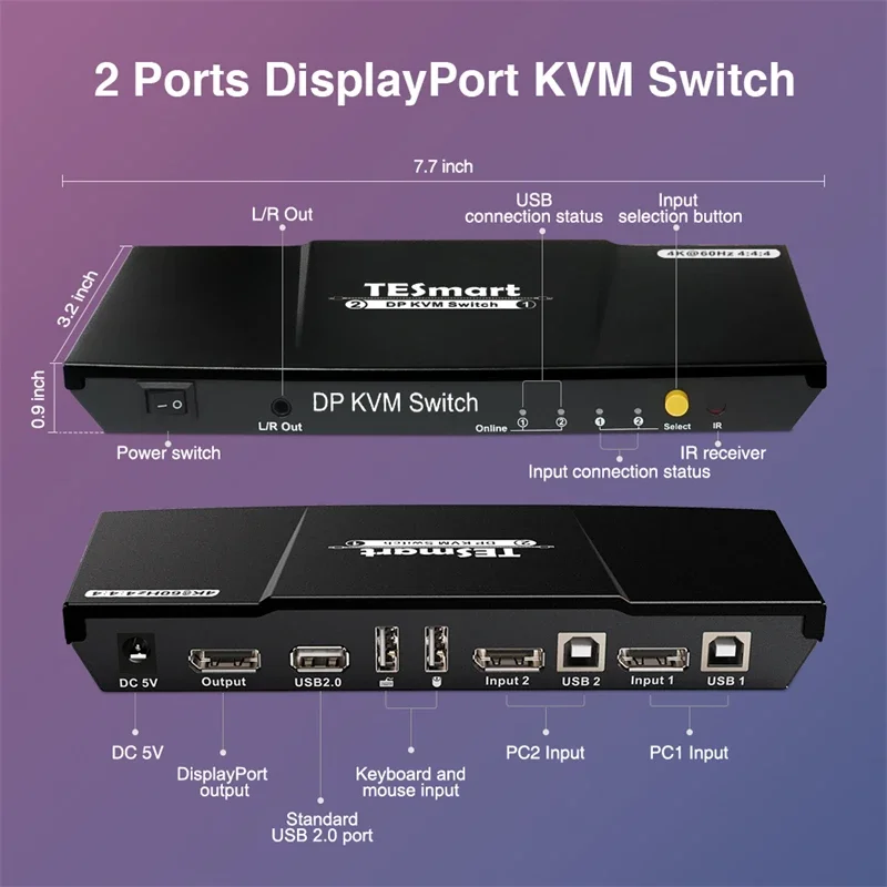 KVM Switch 2 In 1out With Hot Key Switch Selector 4K Video Switcher 2 Ports Hot Plug And Play Computer DisplayPort KVM