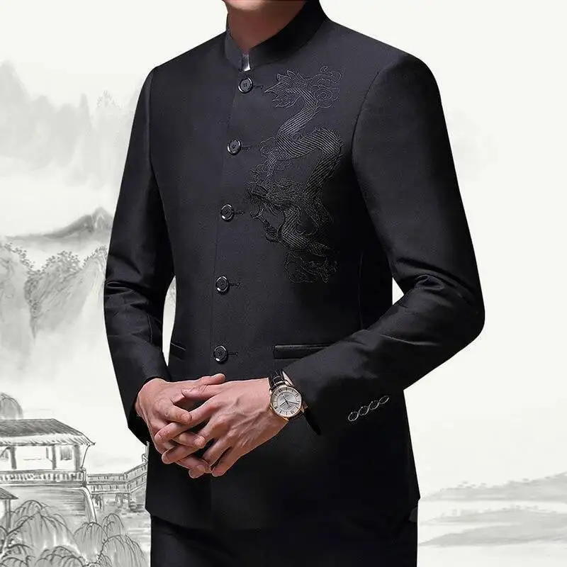 

Men's Chinese Tunic Suit Stand Collar Casual Spring Autumn Blazer Wedding Dress Mens Suits Formal With Pants Jacket Black Korean