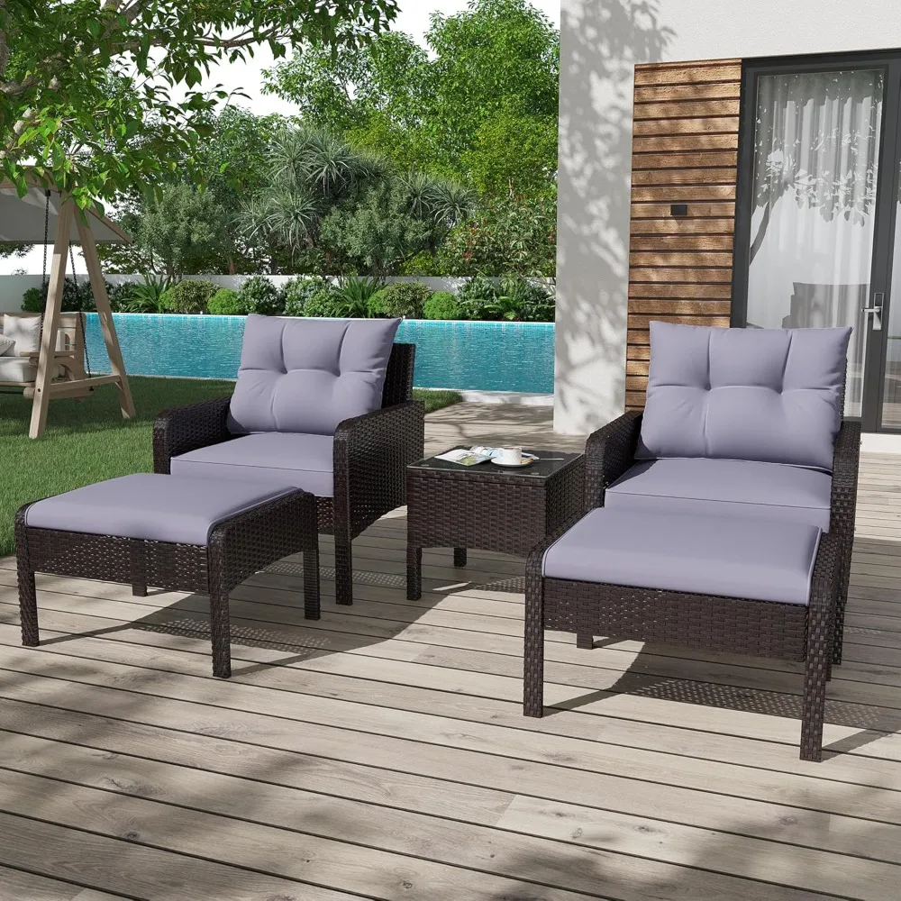 

Outdoor 5 Pieces Patio Furniture Set, PE Rattan Wicker Chairs with Ottoman and Table, Bistro Set for Front Porch, Garden