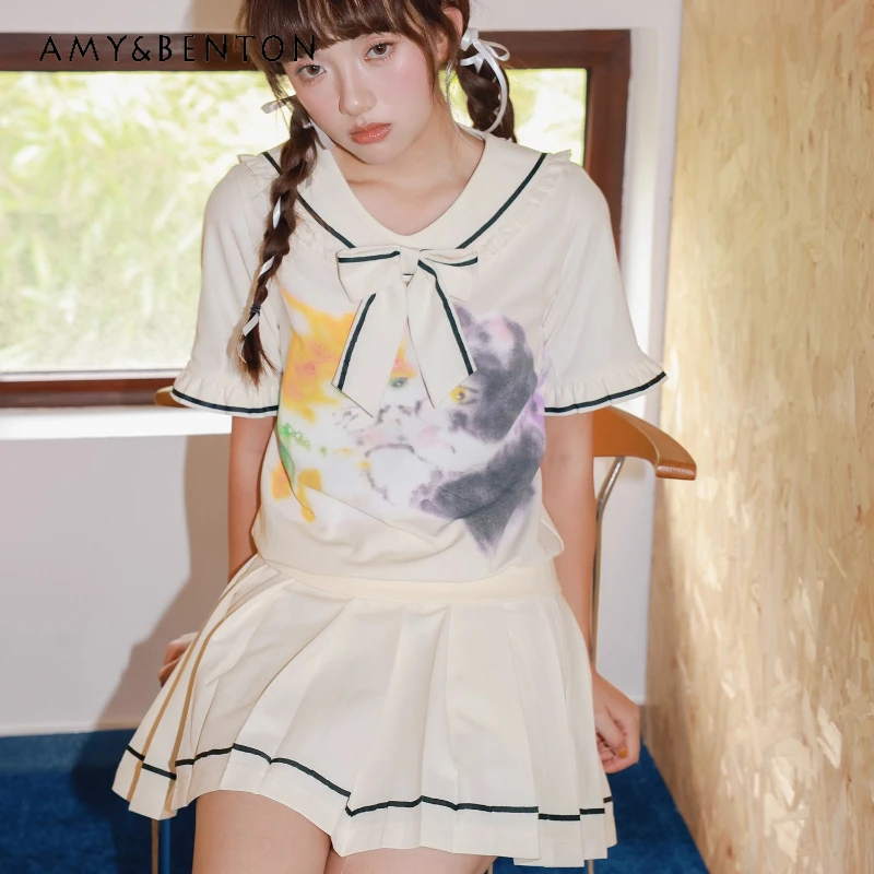 

Japanese Design Off-White Animal Print Bow Navy Collar Women's Short Sleeve Top New Sports Sweet Pleated Short Skirt Suit Ladies
