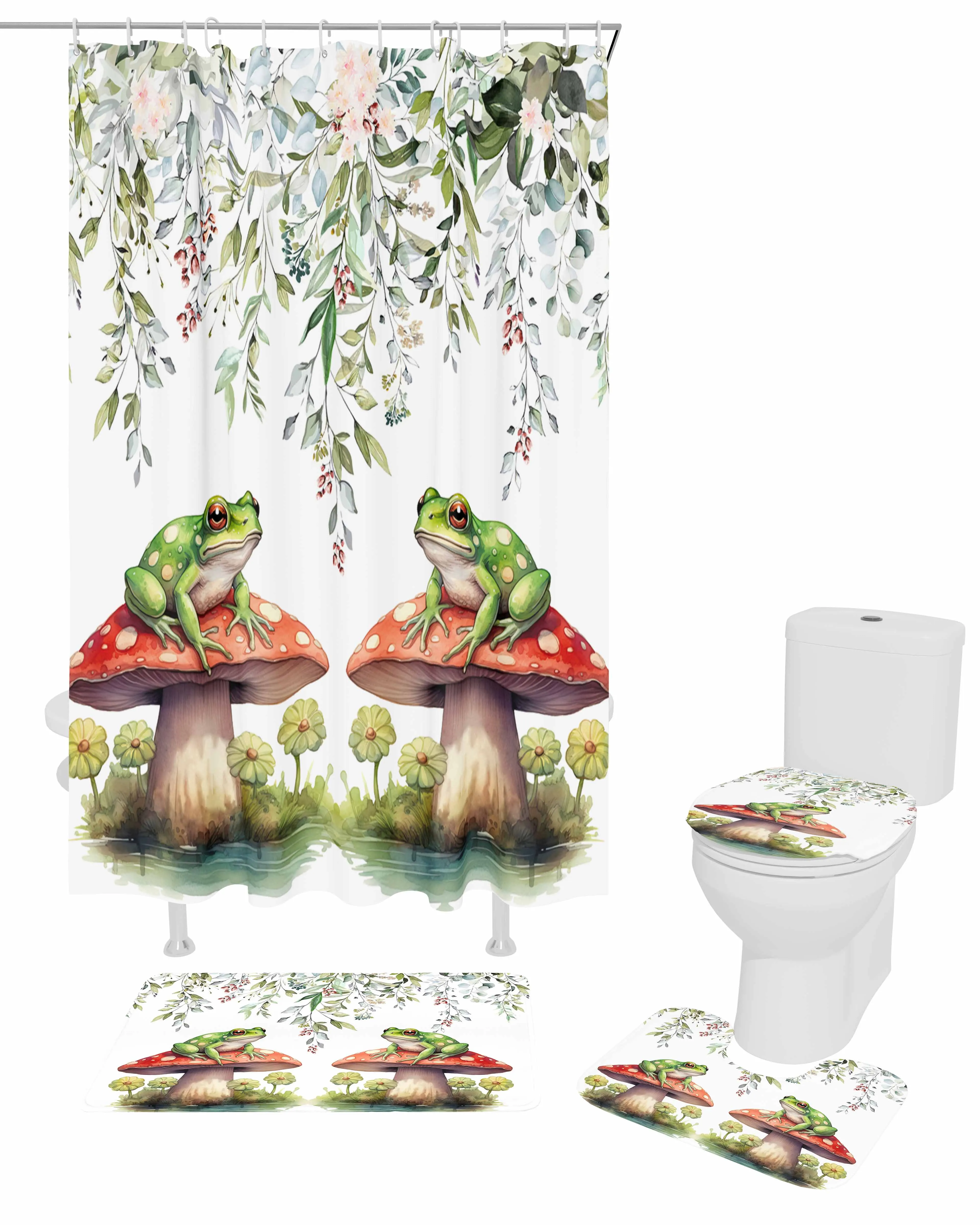 Frog Mushroom Flower Watercolor Shower Curtain Non-Slip Rugs Toilet Lid Cover and Bath Mat Bathroom Curtains with Hooks