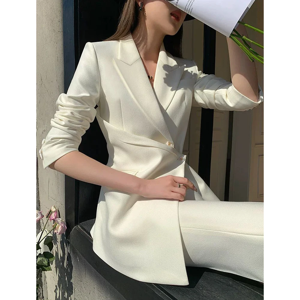 بدلة عمل نسائية مكونة من قطعتين باللون الأزرق الداكن، سترة بزر واحد، ملابس عمل مكتبية غير رسمية، مجموعة ملابس أنيقة مخصصة #1