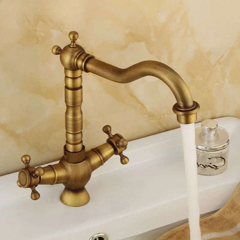 European Style Household Dual Handle Hot and Cold Water Basin Faucet Retro Spiral Antique Copper Brass Kitchen Faucet