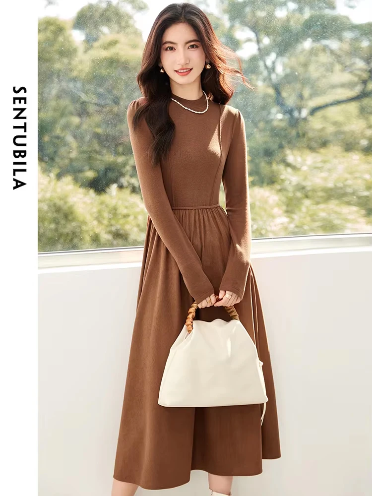 SENTUBILA Vintage Knitted Dresses Women Autumn Winter Elegant Chic Lady High Waist Midi A-Line Sweater Maillard Dress 134L52382