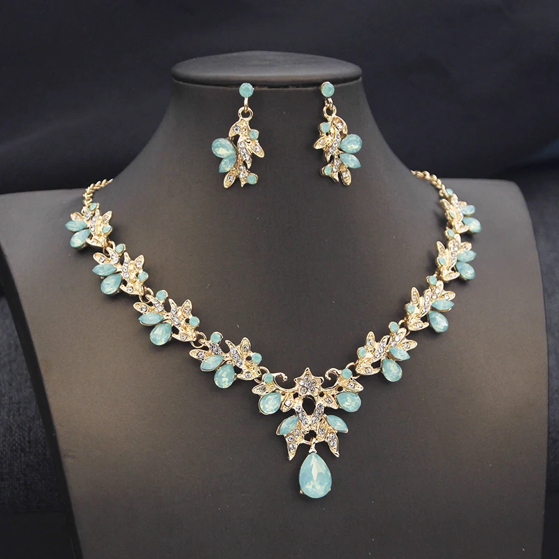 Elegant Butterfly Opal Green Bridal Jewelry Sets for Women Earring Necklace Set Wedding Dress Jewelry Sets 3 Pcs Gifts