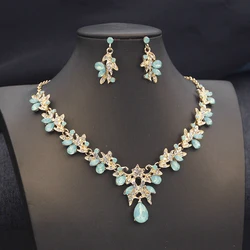 Elegant Butterfly Opal Green Bridal Jewelry Sets for Women Earring Necklace Set Wedding Dress Jewelry Sets 3 Pcs Gifts