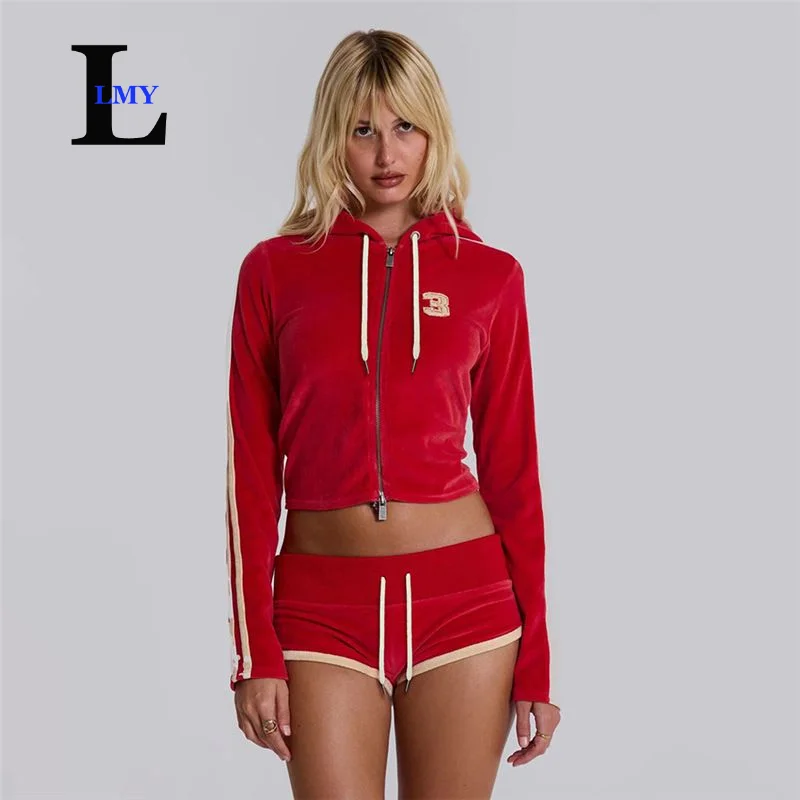 LMY TRACKSUIT suit embroidered red Velour women 2 pieces short pants set PATCHWORK sport zip suit long sleeve hooded top Velour