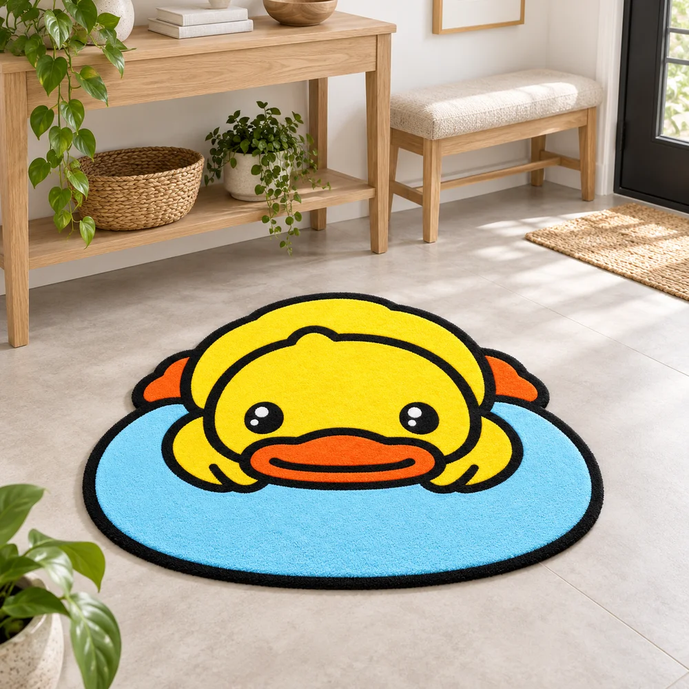 Cute Yellow Duck Irregular Floor Mat Soft Flannel Non Slip Area Rug Cartoon Animal Door Mat for Bedroom Bathroom Home Decor
