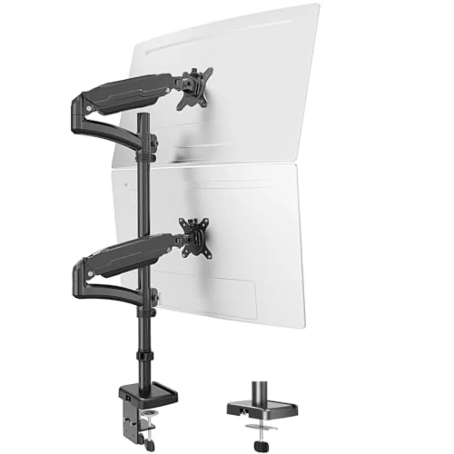 Vertical dual monitor mount for office desk use, aluminum alloy construction, black finish, full-motion adjustability with 17.6