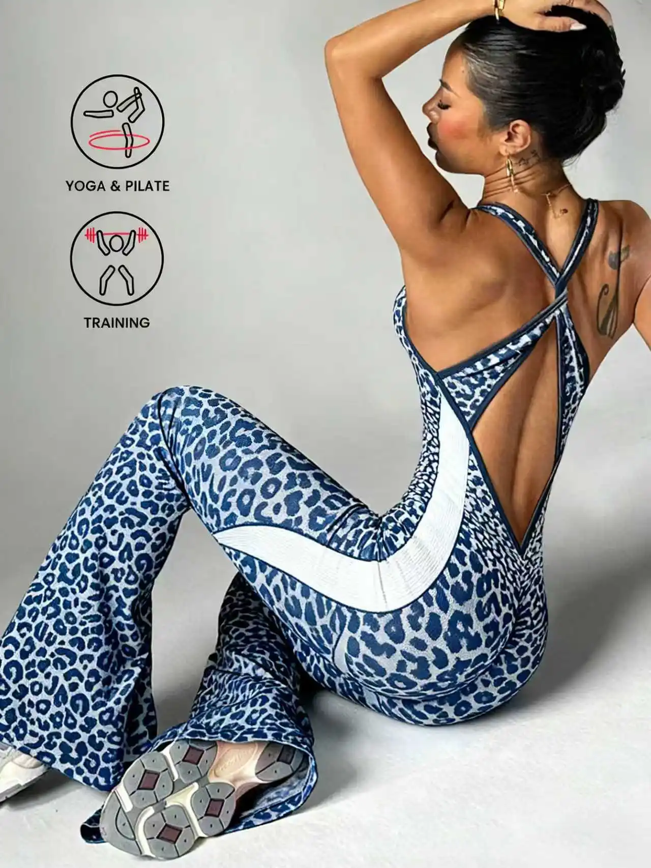Nahtloser Yoga-Overall mit Leopardenmuster und überkreuztem Rücken für Damen, Fitness-Sport-Jumpsuit – Detail 9