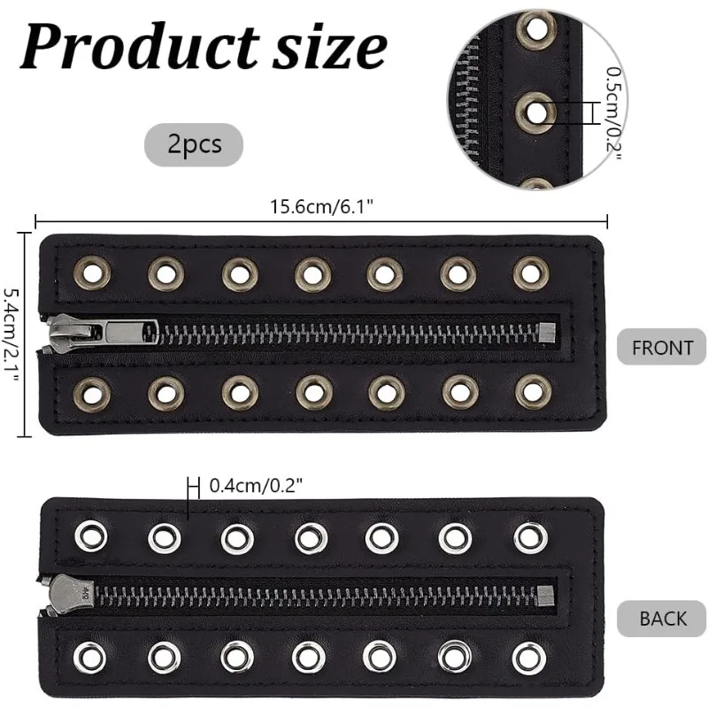 2 pc 7 Eyelet No Tie Zipper Boot Laces 6x2inch PU Leather Lace-in Boot Zipper Inserts Smooth Tieless Shoe Laces for Boots Shoes