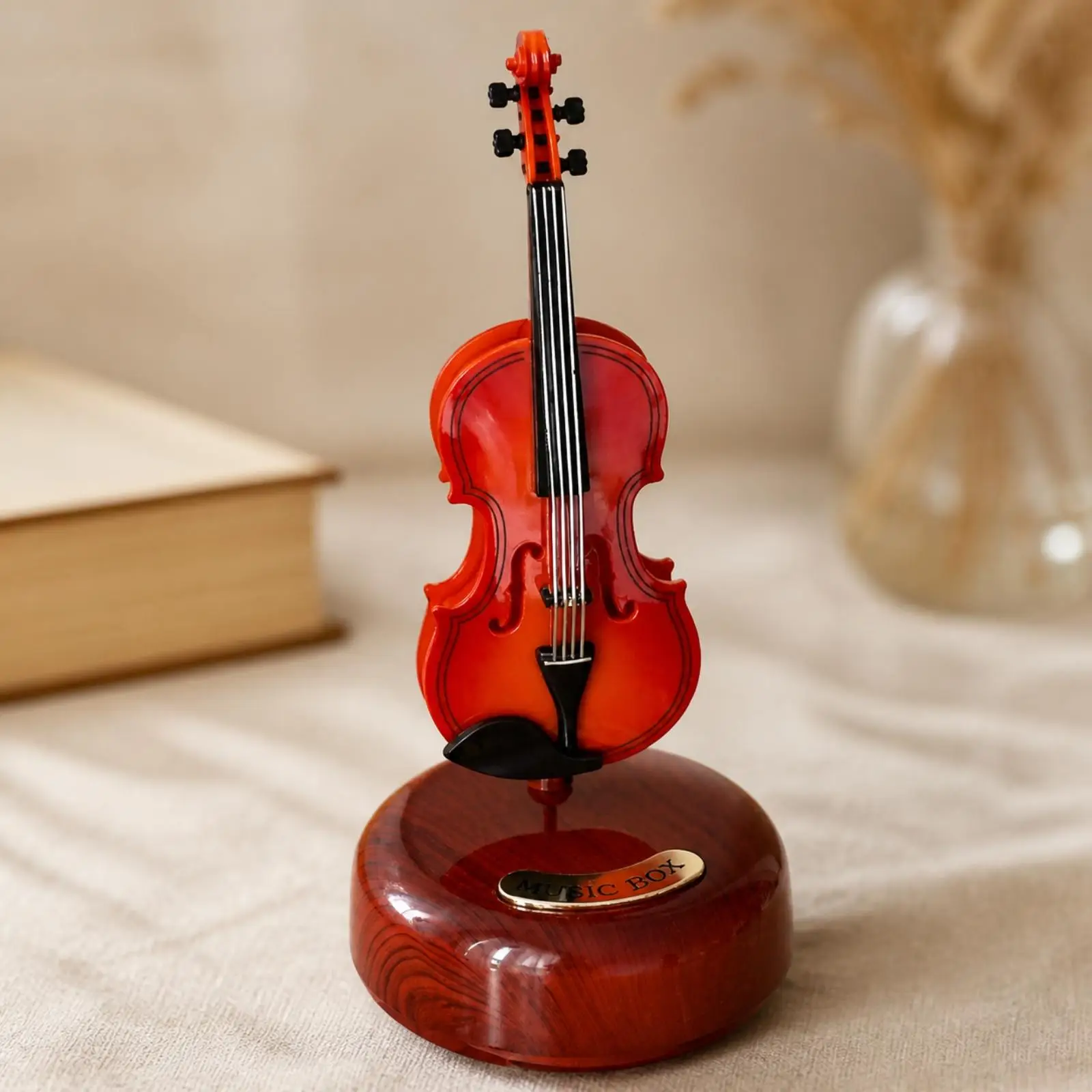 Violin-Shaped Music Box Glossy Violin Music Box with Base Vintage-Classic Tabletop Ornament for Desk Decor, Bedroom Decoration
