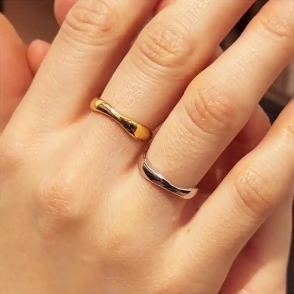1/3 PCS Stackable Stainless Steels Adjustable Ripple Rings 18K Plated Gold Silver Minimalist Irregular Rings for Women Jewelry image 2