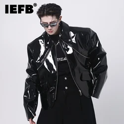 IEFB Personality Zipper Decoration High Street PU Bright Leather Short High Short Jacket Men 2023 Solid Color Darkwear 9A5826