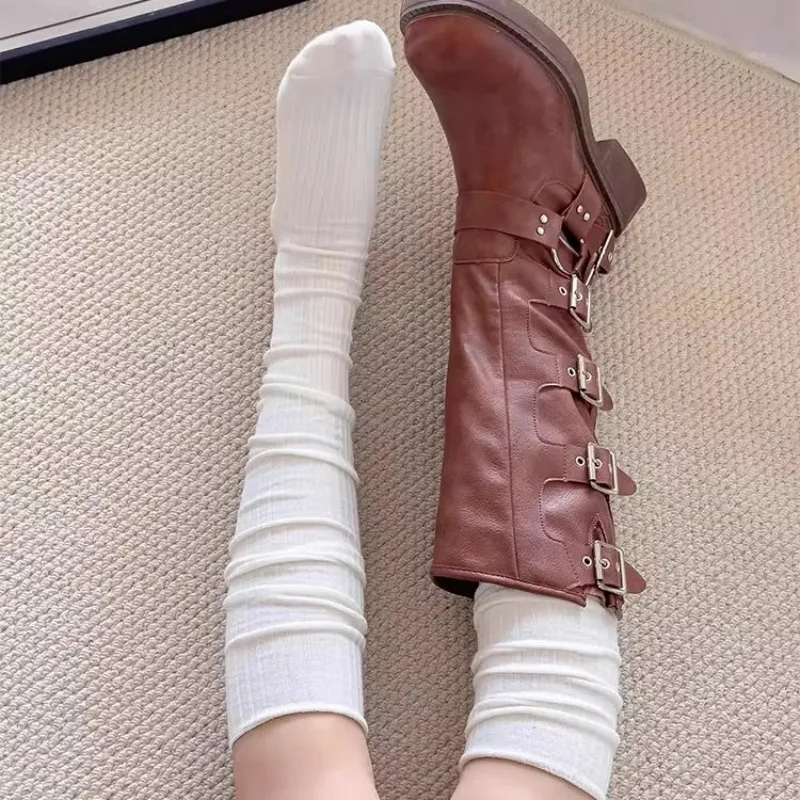 

Women Spring Knee Length Stockings White Grey Pile Socks Fashion GIrls JK Slimming Boots Sock Japanese Calf Sock Cotton Footwear