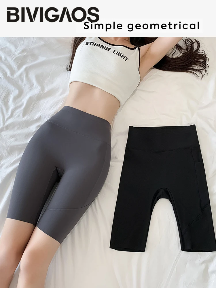 BIVIGAOS-pantalones cortos con bolsillo lateral para mujer, mallas delgadas de cintura alta con estampado de tiburón para motociclista, Yoga y ciclismo