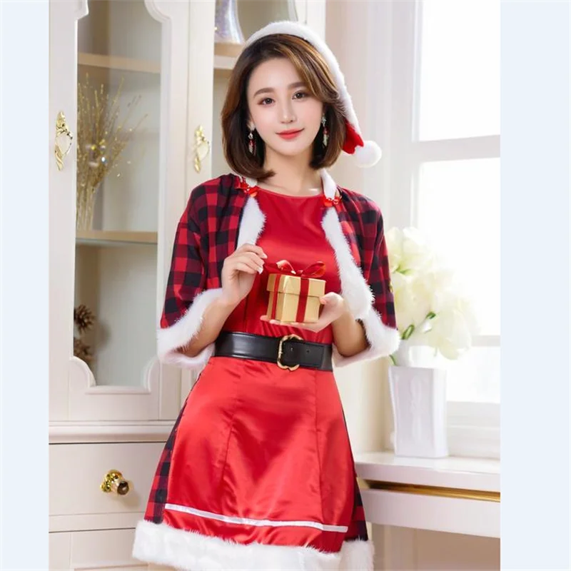 Sexy Women's Clothing Santa Claus Cosplay Gift Christmas Party Checkered Striped Shawl Red Dress Belt Ladies Clothing